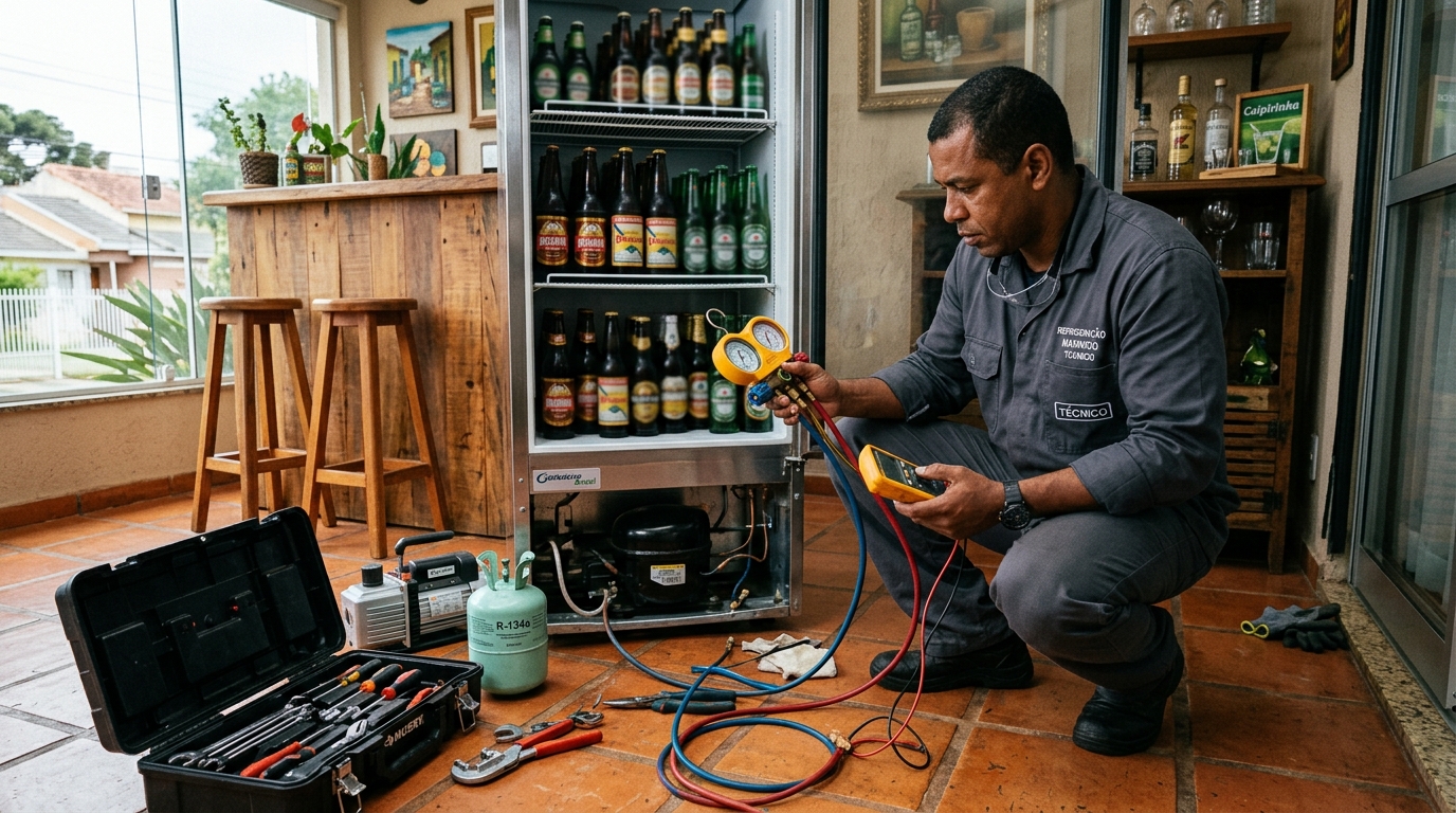 Profissional trocando compressor de equipamento comercial em Bauru‑SP