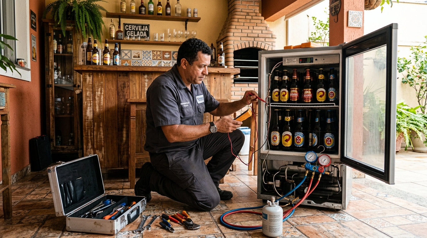 Recarga de gás em expositor de bebidas durante atendimento em Bauru‑SP
